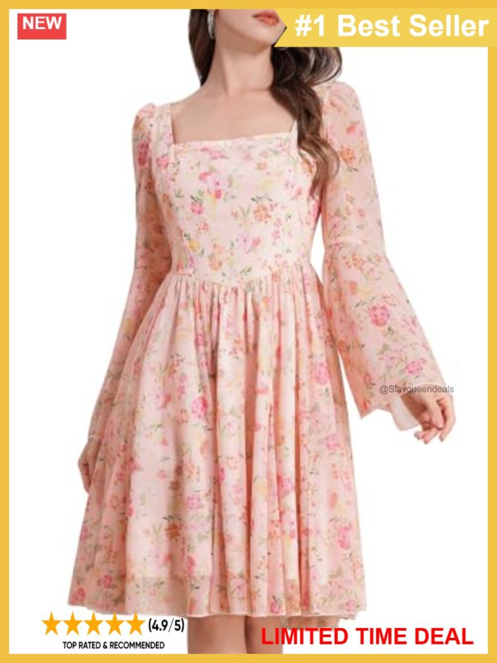 Floral Chiffon Bell Sleeve Square Neck Ruffle Mini Dress - Picture 1 of 6